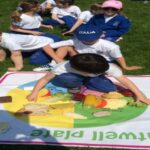 pupils outside sitting on a large Eatwell plate and identifying items